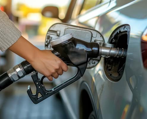Close-up of a person pumping gas into a car at a fuel station.