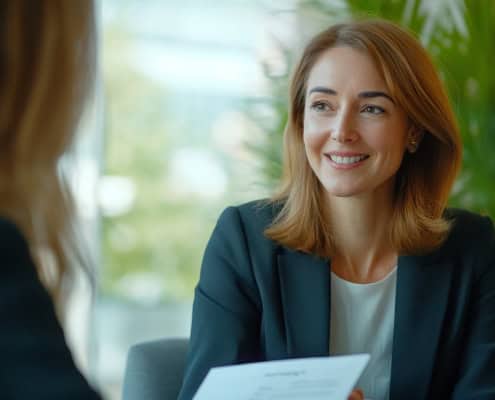 Smiling business professional in a meeting, holding a document in a bright office setting.