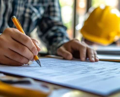 Close-up of a contractor signing a construction agreement with a yellow hard hat in the background.